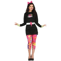 Fiestas GUiRCA 80s Girl Kostüm – Langärmliges schwarzes Disco Kleid und rosa 80er Jahre Leggings mit buntem Muster für Karneval Fasching Damen Größe L 40-42