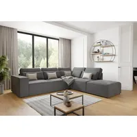 s-style möbel - Margarete - Modulare Ecksofa in Grau Samt-Stoff mit Rücken und Lendenkissen, B/T/H: 305 cm / 281 cm / 90 cm, Ottomane rechts - Grau