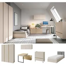 TRAUMMÖBEL QMM Jugendzimmer Kinderzimmer komplett Laris Set C Schrank 3-türig Kommode Schreibtisch Wandregal Bett 200x90 Farbauswahl (Sandbeige - Eiche geölt)