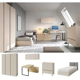 TRAUMMÖBEL QMM Jugendzimmer Kinderzimmer komplett Laris Set C Schrank 3-türig Kommode Schreibtisch Wandregal Bett 200x90 Farbauswahl (Sandbeige - Eiche geölt)