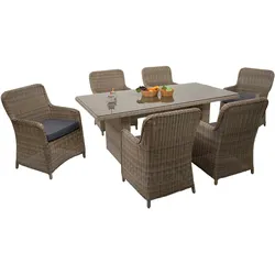 Mendler Poly-Rattan Garnitur HWC-E98, Sitzgruppe Balkon-/Garten-/Lounge-Set, Spun Poly halbrundes Rattan beige Kissen grau