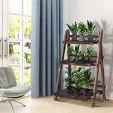 Costway - 3-stoeckiger Pflanzenstaender, Pflanzenregal Klappbar, Hoelzerner Blumenstaender, Blumenregal Fuer Garten, Balkon, Leiterregal Blumentreppe Braun