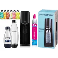 Sodastream Terra black + PET-Flasche 1 l + PET-Flasche 0,5 l Little Heroes + Zylinder + 6 x Bolero