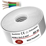 MAS Premium Feuchtraumkabel Stromkabel 5-170m Mantelleitung NYM-J 5x1,5, 2,5, 4, 6, 10 oder 16 Elektrokabel Ring für feste Verlegung (NYM-J 5x1,5 mm2, 40m)