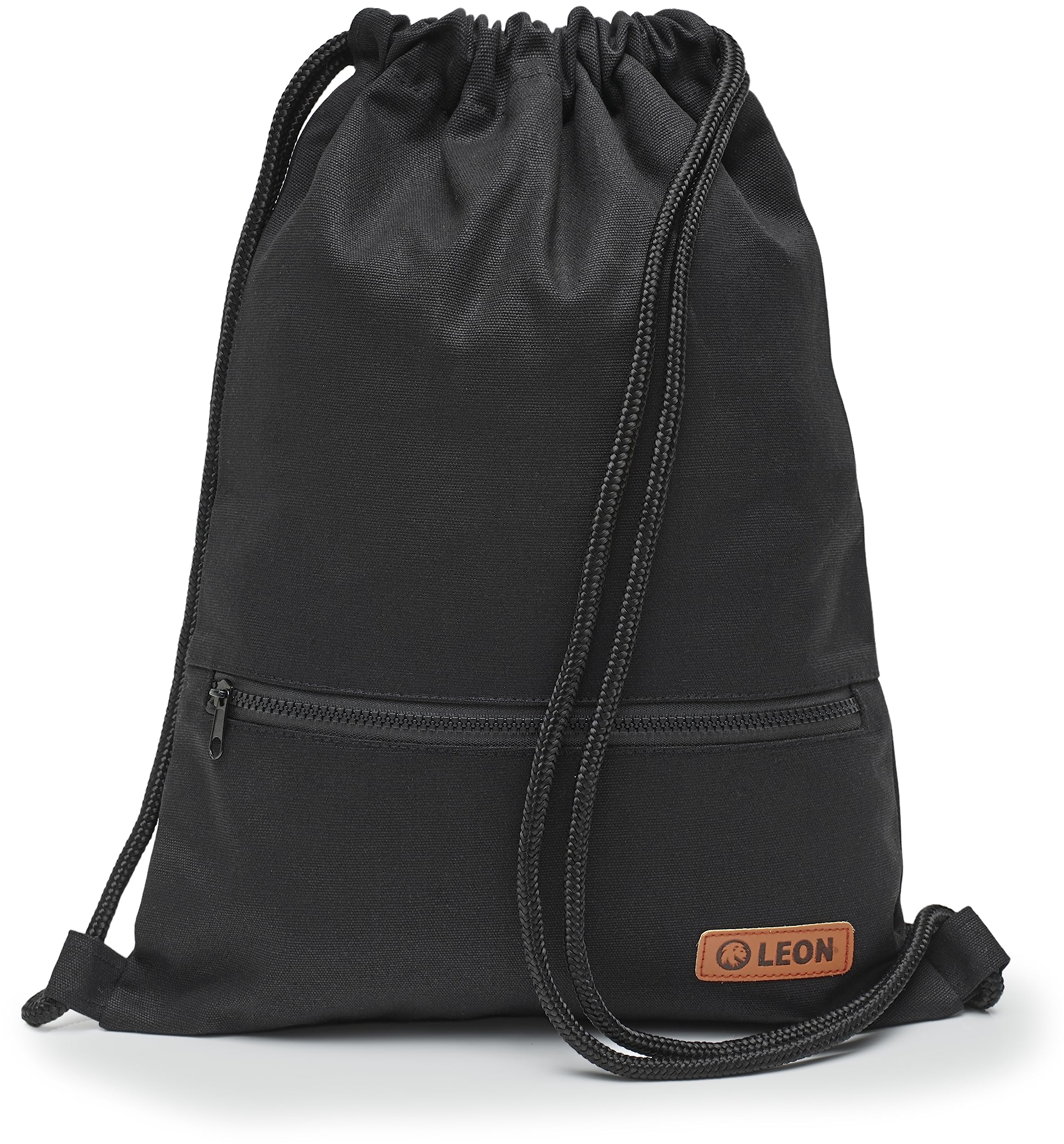 By Bers LEON Turnbeutel, große Reißverschluss Außentasche, mit Innentaschen Rucksack Tasche Damen Herren & Teenager Gym Bag Draw String (Schw/weiß_Zipper)