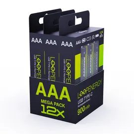 Verico LoopEnergy AAA - Wiederaufladbare USB-C Batterie AAA 1,5V 900mWh 600mAh Li-Ion, USB-C, 12er Pack AAA, 3 Stück Kabel USB-A auf 4 x USB