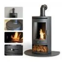 Bioethanol Kamin OKO S5 Anthrazit mit Holzfach, Metallrohr & Granitbasis, freistehend, 80x57,5x197 cm - Grau