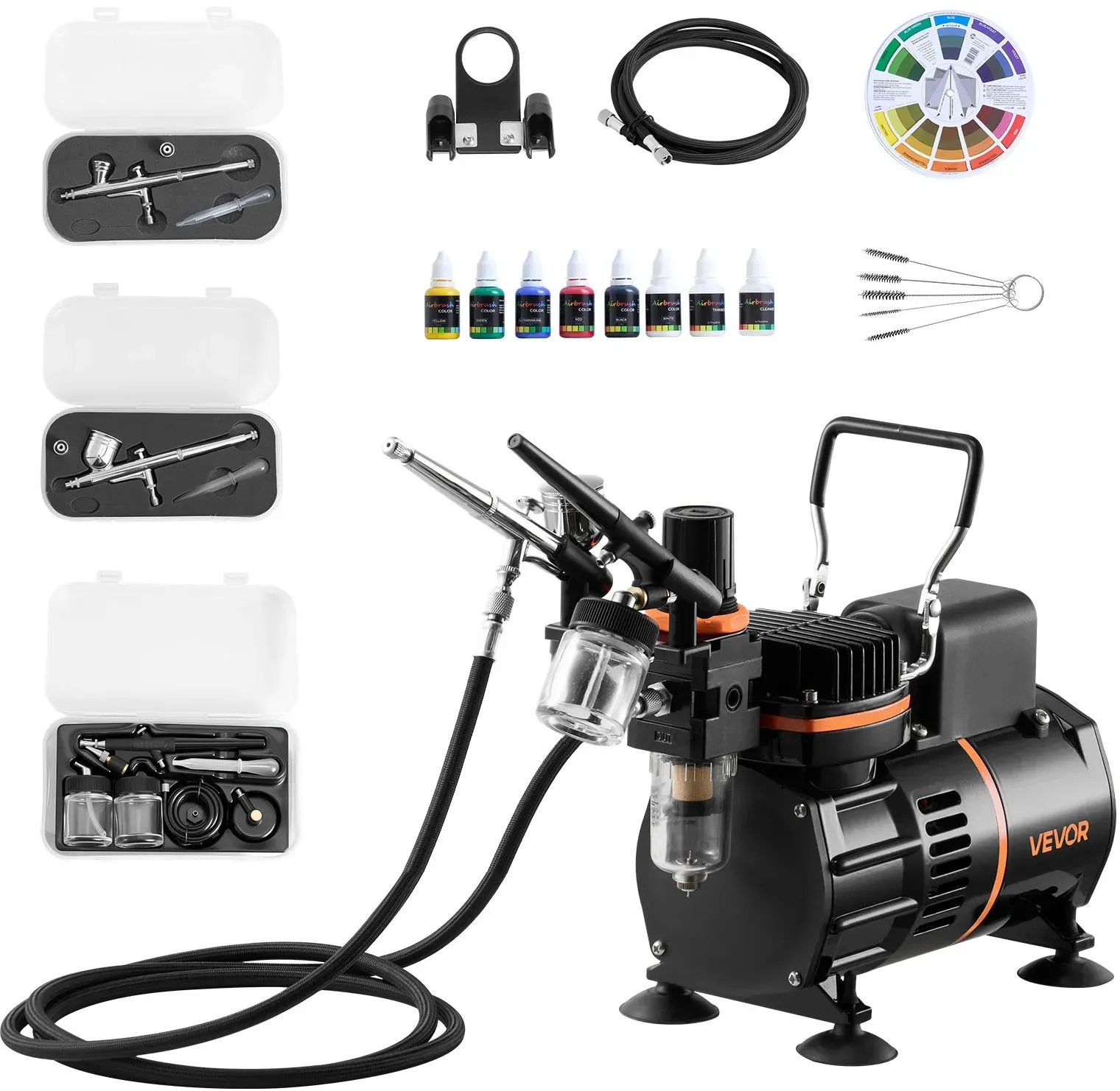 VEVOR Airbrush Set 1/6 PS mit Luftkompressor, 3 Dual Action Airbrush Pistolen mit 3 Düsen (0,3/0,3/0,8 mm) & Schlauch & Acrylfarbe & 2 Ventilatoren, für Kuchendekoration Modellmalerei Nagelkunst