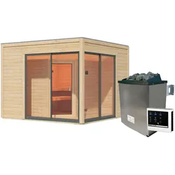 Saunahaus KARIBU "Tammo 3B", beige (naturbelassen), Saunaofen, externe Steuerung, 9 kW, Saunen, Ofen 9 kW ext. Strg.