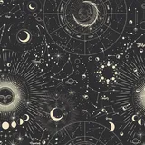 Sonne Mond Polsterstoff für Stühle,Boho Weltraum Sternbild Stoff für den Außenbereich,Meterware,Bohemien Universum Galaxis Dekorationsstoff für Polster Heimwerkerprojekte,184x160cm,Beige Schwarz