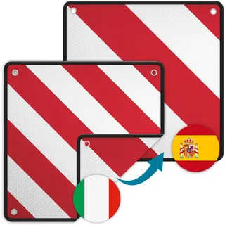Wiltec 2in1 rot weiße Warntafel Spanien und Italien aus Aluminium mit Befestigungslöchern 500x500 mm reflektierend Warnschild für Fahrradträger und