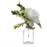 MARELIDA Kunstblumenstrauß Pfingstrose und Hortensie in Mini Glasvase weiß