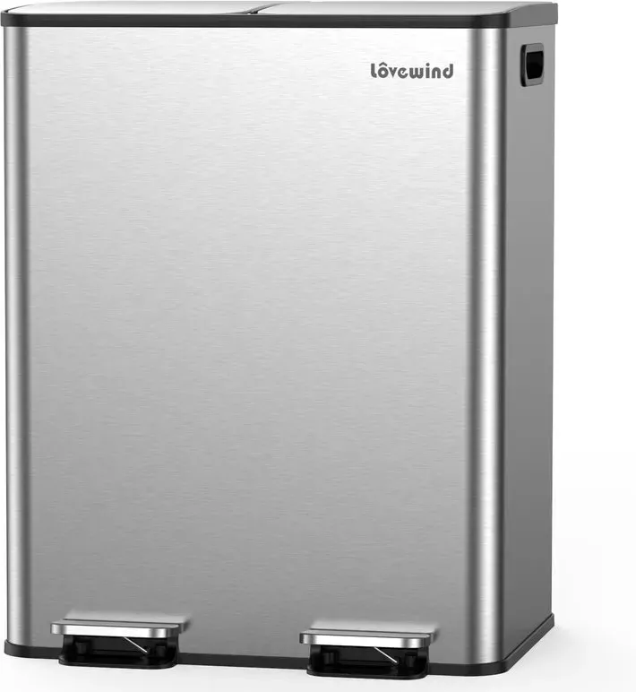 lovewind Küchenmülleimer, 2 x 30 l Abfalleimer für die Küche, Doppelabfalleimer für Recycling und Abfall, Silber, Edelstahl-Mülleimer mit Deckel und Inneneimern, großes Fassungsvermögen, Soft-Close-Deckel