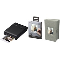 Canon SELPHY SQUARE QX10 Mini Fotodrucker mobil tragbar unterwegs PREMIUM KIT (quadratischer Druck 6,8 x 6,8cm m. Kleberückseite, eingebauter Akku, WLAN) schwarz [+ 20er Druck-Set XS-20L + Druckerbox]