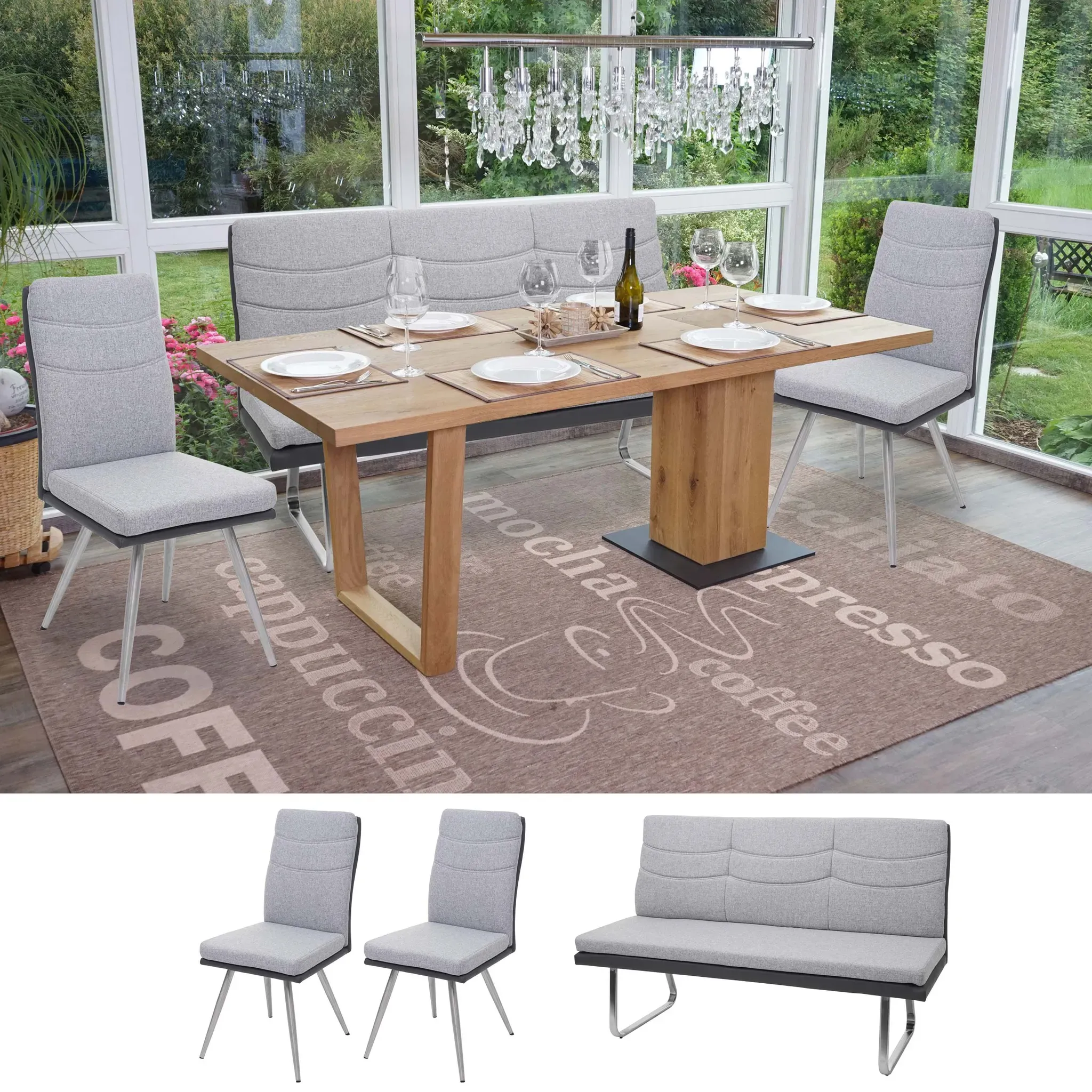 Einzelst�ck | Set 2x Esszimmerstuhl+Sitzbank HWC-G54, Bank Küchenstuhl Stuhl, Stoff/Kunstleder Edelstahl ~ grau Bank 160cm