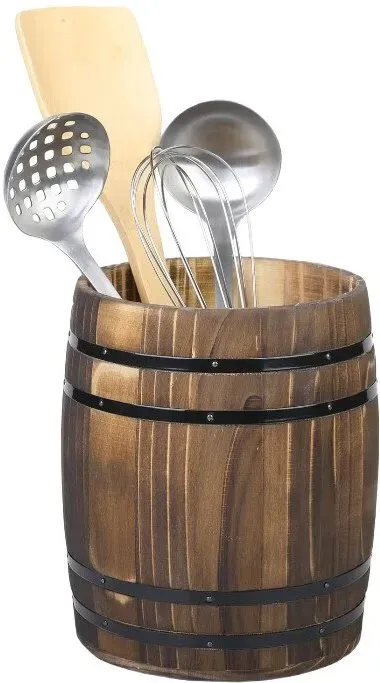 MyGift Weinfass-Design Küchenutensilienhalter, Vintage Rustikaler Verbranntes Holz Kochwerkzeughalter