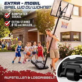 Sportana® Basketballkorb Outdoor höhenverstellbar 135 –305 cm stabil wetterfest mit Ständer 60 kg Sockel Rollen stoßdämpfender Ring Ø45 cm Hoop Kinder Erwachsene
