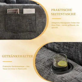 Okwish Dreisitzer Ecksofa mit Hocker, Kissen, Getränkehalter und 2 Seitentaschen, In Chenille Grau