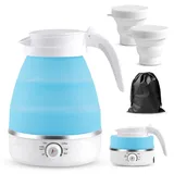 Reise Wasserkocher mit Temperatureinstellung, 600ml Reisewasserkocher Mini Wasserkocher Blau, Faltbarer Wasserkocher aus Silikon, Camping Wasserkocher mit 2 Faltbecher, für Camping, Reise, Outdoor