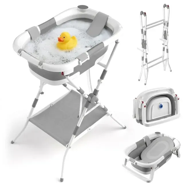 Relaxdays Faltbare Babybadewanne mit Gestell Weiß,Grau
