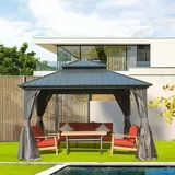 Domi 3,63x3,63 m Outdoor Hardtop Pavillon mit festem Dach, Metall Pavillon mit verzinktem Stahldach, mit Vorhängen und Moskitonetz, für Terrasse, Grau