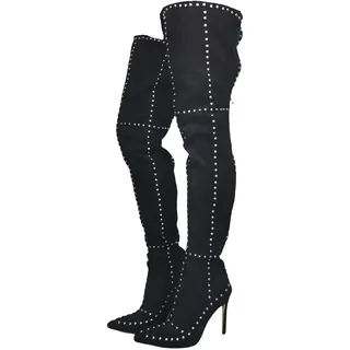 Frankie Hsu Sexy Stiletto-Overknee-Stiefel, schwarz, Kunstleder, gefüttert, Nieten, Hai-Ritter, Oberschenkelhoch, groß, modisch, mit Absatz, lang, hohe Schuhe für Damen und Herren, Schwarz, 40.5 EU - 40 EU
