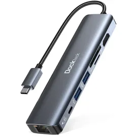 Dockteck USB C Hub Dockteck 7-in-1 Dock DD0003 USB C Adapter, Ethernet LAN RJ45, 4K 60Hz HDMI, 100W Power Delivery, 2 USB 3.0 Ports und SD/microSD für iPhone 15 Pro MacBook M1, iPad Pro, Surface Pro und Mehr