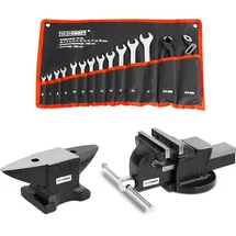 Tech-Craft Werkzeug-Set mit Schraubstock, Amboss, Schraubschlüssel und Zangen-Set 12 tlg.