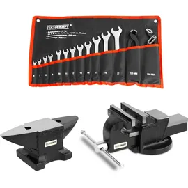 Tech-Craft Werkzeug-Set mit Schraubstock, Amboss, Schraubschlüssel und Zangen-Set 12 tlg.