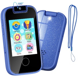 PTHTECHUS Kinderkamera Spielzeug Handy für Mädchen Jungen - Touchscreen MP3-Player mit Flip Kamera, Habit Tracker, Spiele, Alphabet, pädagogische Lernen Geburtstagsgeschenke für 3-12 (Blau)