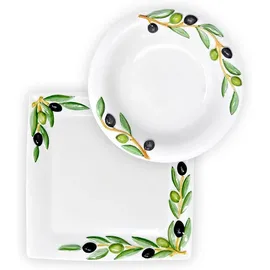 Lashuma 2er Set Kombiservice Olive, Tiefer Suppenteller 23 cm und Servierplatte 27 x 27 cm, Handgemachtes Geschirrset aus Italienischer Keramik