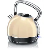 Arendo - Wasserkocher Retro Edelstahl Teekessel im Vintage Style - max. 2200 Watt - austauschbarer Kalkfilter - Füllmenge max. 1.7 Liter - automatische Abschaltung - beige - GS