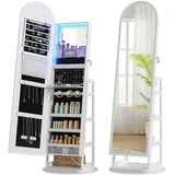 TAGELIER Schmuckschrank mit LED Spiegel, 360° drehbar, Weiß