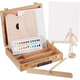 Relaxdays Malkoffer, 22-tlg. Malset Holz, mit Gliederpuppe, Malpalette, Pinsel, Staffelei, Leinwand & Acrylfarben, natur