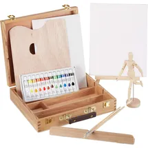 Relaxdays Malkoffer, 22-tlg. Malset Holz, mit Gliederpuppe, Malpalette, Pinsel, Staffelei, Leinwand & Acrylfarben, natur