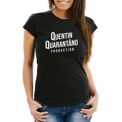 MoonWorks Print-Shirt Damen T-Shirt Film Parodie Quentin Qarantäno Satire Corona Quarantöne StayHomeMoonworks® mit Print schwarz M