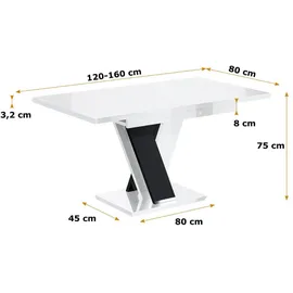 altdecor Esstisch ausziehbar, ideal als Küchentisch, Esszimmertisch - oder Wohnzimmertisch, solide Konstruktion aus Möbelplatte, 120 -160x80x75 c... - Weiß/Silber