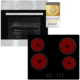 GGV Exquisit Exquisit Einbau Herd Set Backofen Glaskeramik-Kochfeld rahmenlos autark Timer, Silver