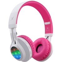 Riwbox WT-7S Kinder Kopfhörer Bluetooth mit LED-Beleuchtung, faltbar Stereo-Kopfhörer mit Mikrofon und Lautstärkeregler für PC/Fernseher/Tablette (Rosa & Weiß)