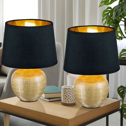 Tischleuchte Tischlampe Nachtlampe, Keramik Textil, Gold-Schwarz, 1x E14 Fassung, DxH 18×26 cm, Schreibischlampe Nachttischleuchte – 2er Set