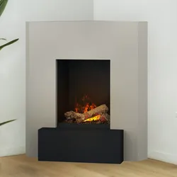 muenkel design Nook [Elektrokamin, Opti-myst, Raumecke]: Seidengrau - Dekoholz mit Stehrost (gerade) - Schwarz, pulverbeschichtet