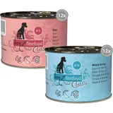 dogz finefood Hundefutter nass - Feinkost Nassfutter für Hunde in der Dose im Mix-Paket - ohne Zucker & Getreide, in den Sorten Rind, Wild & Hering (24 x 200 g Dosen)