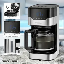 ProfiCook Kaffeeautomat PC-KA 1169, elektronische Aromawahlfunktion, Sensor Touch-Bedienung, Touchscreen, 24 Stunden-LED-Digital-Zeitschaltuhr, 1,5 l