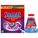 SOMAT Tabs 63 AW all in 1 Extra, Geschirrspül Tabs für strahlende Sauberkeit, bekämpfen selbst eingetrocknete Rückstände + Somat Duo Power Experten Intensiv-Maschinenreiniger 250ml