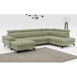 Wohnlandschaft COTTA "Hudson U-Form", grün, B:256cm T:207cm, Sofas, verstellbare Kopfstützen