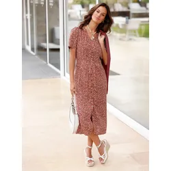A-Linien-Kleid INSPIRATIONEN "Sommer-Kleid", Damen, Gr. 21, Kurzgrößen, braun (rotbraun, weiß, bedruckt), 100% Viskose, gemustert, mehrfarbig, bedruckt, gepunktet, wadenlang, V-Ausschnitt, Kurzarm, Kleider