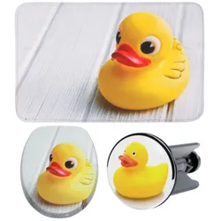 Badaccessoire-Set SANILO "Ente", gelb (weiß, gelb), Holz, Polyester, Kunststoff, Badaccessoires-Sets, bestehend aus WC-Sitz, Badteppich und Waschbeckenstöpsel
