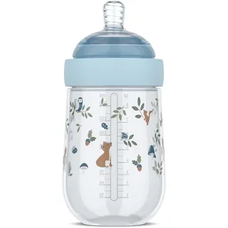 Mepal - Babyflasche Mio Little Dutch - Transparente Kappe zur Aufbewahrung - Anti-Kolik Babyflaschen - Spiralförmiges Design verhindert Verstopfungen - Medizinisches Silikon - 240 ml - Forest Friends