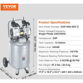 Vevor Luftkompressor 49L Flüsterkompressor 2HP Luftpumpe ölfrei 8bar Kompressor Einphasig Geräuschpegel ≤63dB Ideal zum Aufpumpen von Reifen Autoreparaturen Malerarbeiten Holzarbeiten