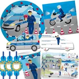 90-tlg POLIZEI PARTY SET für Kindergeburtstag mit 6-8 Kinder: Teller, Becher, Servietten, Einladungen, Platzsets, Papier-Trinkhalme, Luftballons, uvm. | Motto Deko Kinder Geburtstag Polizist Police